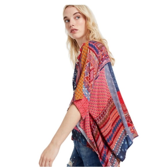 Desigual PERUGIA Boho floral embroidered Batwing v-neck flowy Blouse small - Picture 2 of 15